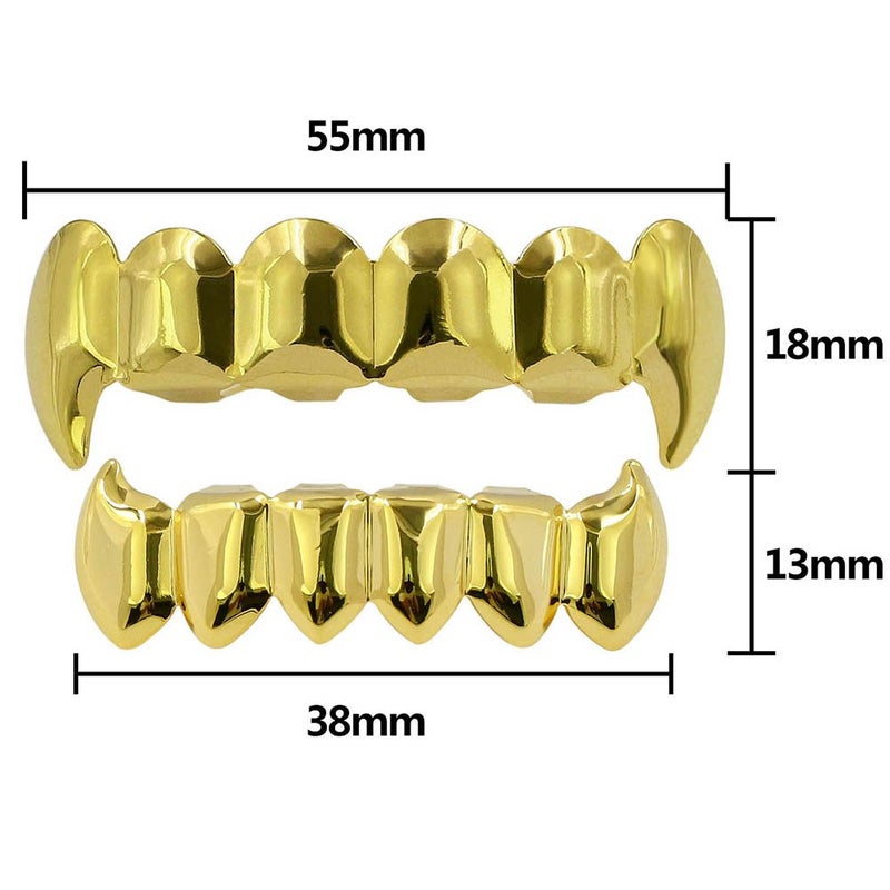 JINAO Gold Vampire Grillz Face 14K Gold Plated Hip Hop Top Bottom Fangs Grills for Your Teeth Set for Men and Women (Gold Grillz) - Image 2